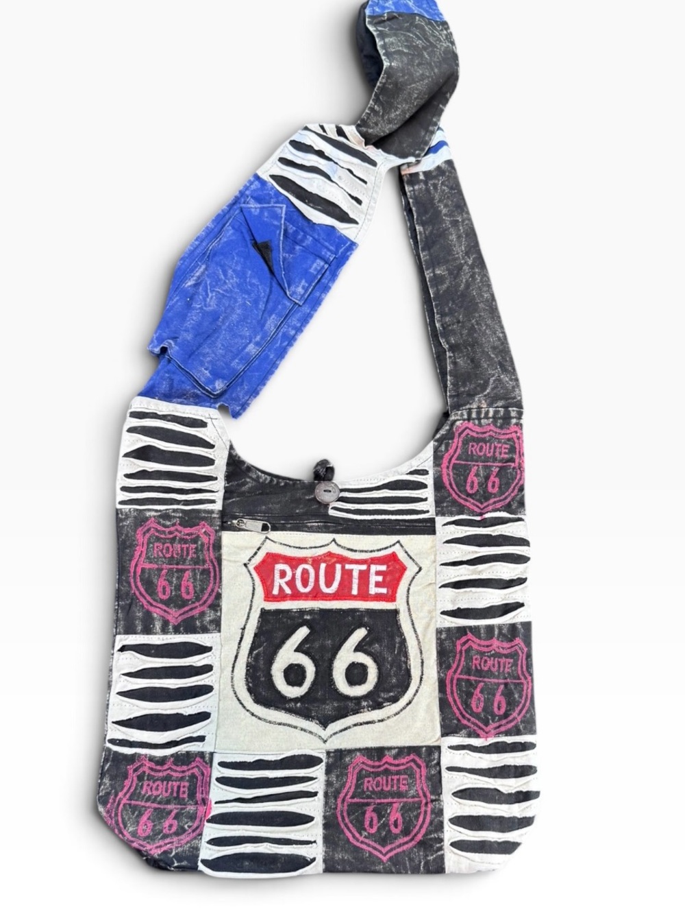 Rising International Route 66 Graphic Hobo Bag in Black, White, Blue & Pink